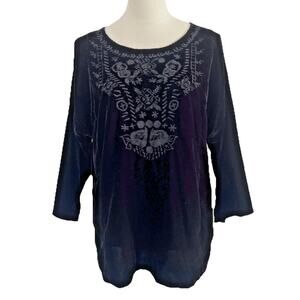 Kyla Seo Blouse Top Women Small Black Velvet Embroidered 3/4 Sleeves Whimsygoth